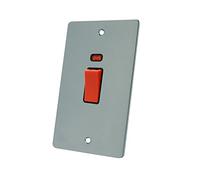 AET FSCCSWBLT 45 A 2-Gang Satin Chrome Flat Dp Cooker Switch W/Neon Indicator Tall Plate with Black Insert