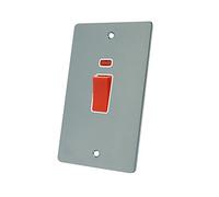 AET FSCCSWWHT 45 A 2-Gang Satin Chrome Flat Dp Cooker Switch W/Neon Indicator Plate with White Insert
