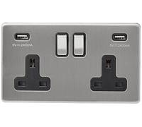 AET SLUSB2GBS 2 Gang 13 A Screwless Double Plug Satin Chrome Flat Socket with USB Charging Port and Black Insert Metal Rocker Switch