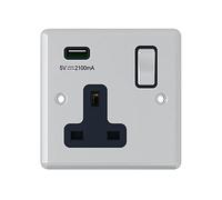 AET USBCPC1GSOCBC 13 A 1 Gang Classical Chrome Polished Single Plug Socket and USB Power Outlet with Black Insert Metal Rocker
