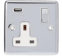 AET USBCPC1GSOCWC 13 A 1 Gang Classical Chrome Polished Single Plug Socket and USB Power Outlet with White Insert Metal Rocker