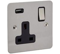 AET USBFSC1GSOCBC 13 A 1-Gang Satin Chrome Flat Single Plug Socket USB Power Outlet W/USB Charging Port with Black Insert Metal Rocker Switch