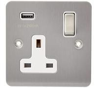 AET USBFSC1GSOCWC 13 A 1-Gang Satin Chrome Flat Single Plug Socket USB Power Outlet W/USB Charging Port with White Insert Metal Rocker Switch