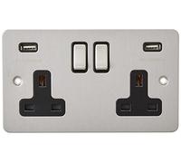 AET USBFSC2GSOCBC 13 A 2-Gang Satin Chrome Flat Double Plug Socket Dual USB Power Outlet W/USB Charging Ports with Black Insert Metal Rocker Switches