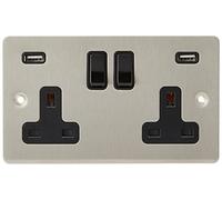 AET USBFSC2GSOCBL 13 A 2-Gang Satin Chrome Flat Double Plug Socket Dual USB Power Outlet W/USB Charging Ports with Black Insert Plastic Rocker Switches