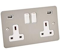 AET USBFSC2GSOCWH 13 A 2-Gang Satin Chrome Flat Double Plug Socket Dual USB Power Outlet W/USB Charging Ports with White Insert Plastic Rocker Switches