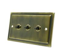 AET VAB3GTOG Victorian Antique Brass Toggle Switch-10 Amp Triple 3-Gang 2 Way Dolly Light Switch, 240 V