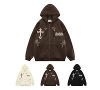 AETABP Y2k Gothic Hoodie Men Women Zip Up Cross Embroidery Graphic Clothes Aesthetic Sweatshirt Streetwear, Brown, M