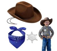 AetMvt 3 PCS Kids Cowboy Hat, Cowboy Accessories Set with Brown Hat, Blue Scarf, Sheriff Badge, Western Fancy Dress for Halloween Party Dress up Day Carnival Cosplay