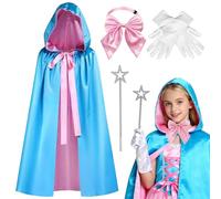 AetMvt 4 PCS Fairy Godmother Costume Adult, Fairy Costume Adult with Blue Hooded Cape White Gloves Wand Pink Bow Tie for Halloween Masquerade Carnival Cosplay Women