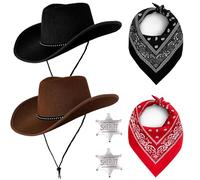 AetMvt 6 PCS Cowboy Hat Set, Black & Brown Western Hat with Silver Sheriff Badge, Red & Black Paisley Bandana, Cowboy Accessories for Women Men Halloween Birthday Cosplay Party