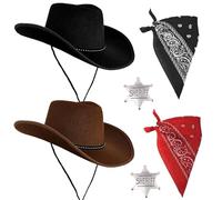 AetMvt 6 PCS Cowboy Hat Set, Black & Brown Western Hat with Silver Sheriff Badge, Red & Black Paisley Bandana, Cowboy Accessories for Women Men Halloween Birthday Cosplay Party