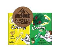 AETN Creations Creamy Cat Treats Variety 8 x 10g - Cheese & Catnip Flavours - Soft Lickable Snacks for Cats, Training Reward or Food Topper - Includes 1 of 6 Exclusive Cat Quote Coasters