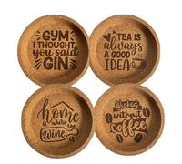 AETN Creations Engraved Cork Coaster Set of 4 - Funny Sayings for Coffee, Tea, Wine & Gin - Heat Resistant Drinks Mats for Home, Office or Gifts
