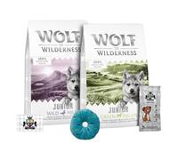 AETN Creations Junior Wolf of Wilderness Bundle 2 x 1kg in Duck and Lamb Grain-Free Puppy Food with AETN Jerky Dog Treat and Plush Doughnut Toy