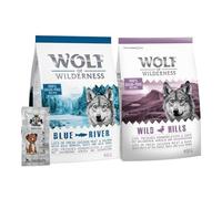 AETN Creations Wolf of Wilderness Mini Trial Travel Bundle 2x400g in Flavours Chicken with Duck and Chicken with Salmon - Grain-Free, High Protein Dry Dog Food with AETN Jerky Treat