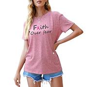 AEURPLT Womens Pink Ribbon Breast Cancer Awareness Shirts Gifts Faith Over Fear Short Sleeve T Shirt Tops Tees - Pink - Large