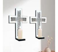 Aeveco 2 Pack Silver Crushed Crystal Candle Holder Wall Decor for Living Dining Room (Silver Cross)