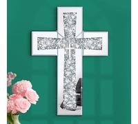 Aeveco Silver Cross Mirror for Wall Decoration, Crystal Crush Diamond Mirrored Cross for Living Room, Bedroom, Home Décor