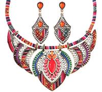 AEVQWEZNC 2 Pieces African Jewelry for Women Colorful Costume Jewelry Boho Vintage Statement Choker Ethnic Style Necklace Earring Set Bohemian Chunky Collar African Beaded Necklaces Dangle Earrings