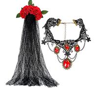 AEVQWEZNC 2 Pieces Day of The Dead Veil Headband Headpiece Mexican Headband Rose Floral Crown Veil and Lace Choker Lace Rhinestone Necklace Halloween Costume