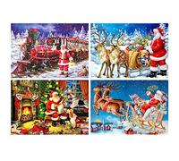 AEVQWEZNC 4Pcs Christmas Diamond Painting Kit 5D Round Rhinestone Full Drill Xmas Tree Deer Carriage Snow Cross Stitch Painting for Christmas Home Decor,12in x 16 in
