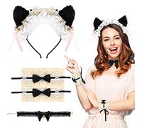 AEVQWEZNC 4Pcs Halloween Lolita Cat Cosplay Costume Set Black Ear Headband with Pleated Laces Choker Wristband Furry Anime Hair Accessories for Girl Women Adult Halloween Party Fancy Dress Drama