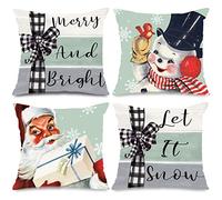 AEVQWEZNC Christmas Pillow Covers Santa Claus Snowman Throw Pillow Case Merry Bright Let It Snow Cushion Covers for Farmhouse Holiday Home Couch Sofa Decoration, 18 x 18 Inch, 4 Packs