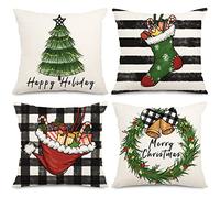 AEVQWEZNC Christmas Pillow Covers Xmas Tree Stocking Wreath Santa Hat Throw Pillow Case 18 x 18 Inch Farmhouse Decorative Cushion Covers for Home Sofa Couch Car, Set of 4