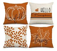 AEVQWEZNC Fall Pillow Cover 18 x 18 Inch Hello Modern Throw Pillow Case Orange Autumn Leaves Cushion Case Farmhouse Decorative Cushion Cover for Home Office, 4Pcs