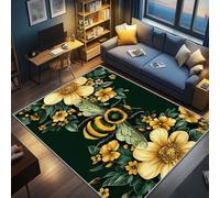AevuCub Bee Rugs for Kitchen - Machine Washable Door Mat Indoor 40 x 60, Honey Bee Yellow Floral Small Rugs for Bedroom, Emerald Green Patterned Carpet, Non Slip & Soft Low Pile & Stain Resistant