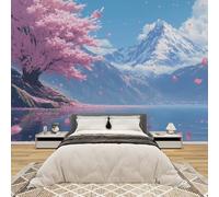 AevuCub Cherry Blossom Wallpaper for Living Room - Mountain LandscapeJapanese Style Wall Art, Non-Woven Photo Wallpaper 3D Effect, 200x140 cm