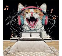 AevuCub Cute Cat Wallpaper for Living Room - Headphones Music ThemeKitten Wall Art, Non-Woven Photo Wallpaper 3D Effect, 250x175 cm