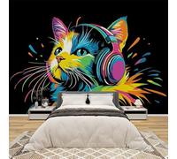 AevuCub Cute Cat Wallpaper for Living Room - Music HeadphonesColourful Graffiti Wall Art, Non-Woven Photo Wallpaper 3D Effect, 350x256 cm