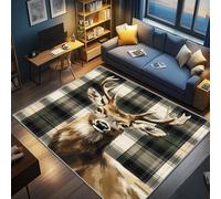AevuCub Deer Rug for Living Room - Machine Washable Door Mat Indoor 60 x 90, Buffalo Plaid Small Rugs for Bedroom, Wildlife Hunting Rustic Patterned Carpet, Non Slip & Soft Low Pile & Stain Resistant