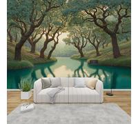AevuCub Forest Wallpaper for Living Room - Nature Woodland Green Tree Wall Murals for Bedrooms, River Nature Theme Wall Art, Non-Woven Photo Wallpaper 3D Effect, 300x210 cm