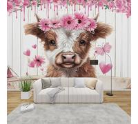 AevuCub Highland Cow Mural Wallpaper for Living Room Bedroom Decor - Cute Farm Animal Wall Mural, Pink Flower Wall Art, Non-Woven Photo Wallpaper 3D Effect, 400x280 cm