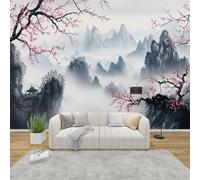 AevuCub Japanese Cherry Blossom Mural Wallpaper for Living Room Bedroom Decor - Asian Style Wall Mural, Oriental Ink Painting Wall Art, Non-woven Photo Wallpaper 3D Effect, 300x210 cm