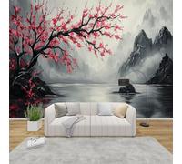 AevuCub Japanese Cherry Blossom Mural Wallpaper for Living Room Bedroom Decor - Asian Style Wall Mural, Oriental Ink Painting Wall Art, Non-woven Photo Wallpaper 3D Effect, 300x210 cm
