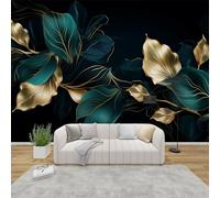 AevuCub Leaf Wall Mural - Emerald Green and Gold Mural Wallpaper for Living Room, Bedroom Decor, Abstract Leaves Wall Art, Non-woven Photo Wallpaper 3D Effect, 250x175 cm