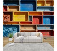 AevuCub Modern 3D Wooden Wall Mural - Colourful Wood Mural Wallpaper for Living Room, Bedroom Decor, Farmhouse Industrial Wall Art, Non-Woven Photo Wallpaper 3D Effect, 366x254 cm