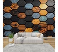 AevuCub Modern Wood Effect Wallpaper for Living Room - Hexagon Geometric Wall Murals for Bedrooms, Rustic Wooden Wall Art, Non-Woven Photo Wallpaper 3D Effect, 200x140 cm