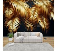 AevuCub Palm Leaves Wallpaper for Living Room - Black and Gold Wall Murals for Bedrooms, Tropical Leaf Wall Art, Non-Woven Photo Wallpaper 3D Effect, 400x280 cm