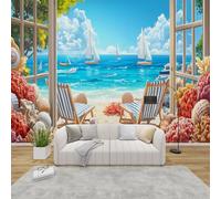 AevuCub Sandy Beach Mural Wallpaper for Living Room Bedroom Decor - Ocean Wall Mural, Seaside Wall Art, Non-Woven Photo Wallpaper 3D Effect, 300x210 cm