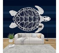 AevuCub Sea Turtle Wallpaper for Living Room - Navy Blue Stripe Wall Murals for Bedrooms, Marine Animal Wall Art, Non-Woven Photo Wallpaper 3D Effect, 450x315 cm