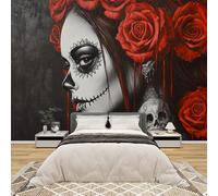 AevuCub Sugar Skull Wall Mural - Day of The DeadGothic Skeleton Rose Wall Art, Non-Woven Photo Wallpaper 3D Effect, 366x254 cm