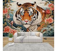 AevuCub Tiger Wall Mural - Japanese Style Traditional Asian Mural Wallpaper for Living Room, Bedroom Decor, Wild Animal Wall Art, Non-Woven Photo Wallpaper 3D Effect, 500x350 cm