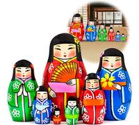 AEVVV Japanese Style Russian Nesting Dolls - Hand Painted Wooden Matryoshka Set in Kimono with Fan & Sakura - Oriental Folk Art Collectible - Elegant Japanese Décor Gift - 7 pcs