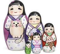 AEVVV Kawaii Japanese Kimono Nesting Dolls - Wooden Hand-Painted Matryoshka Set of 5 Pcs with Cat, Cupcake & Ice Cream, Pastel Room Decor
