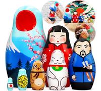 AEVVV Nesting Dolls Set of 7 pcs - Matryoshka with Japanese Decorations - Cherry Blossom Decor Lucky Cat Figurines Geisha Doll Samurai